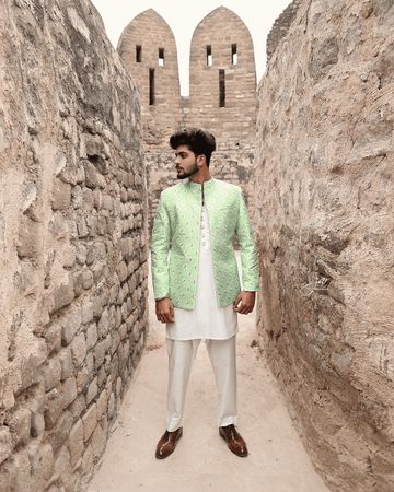 Mint Embroidered Brocade Prince Coat For Men